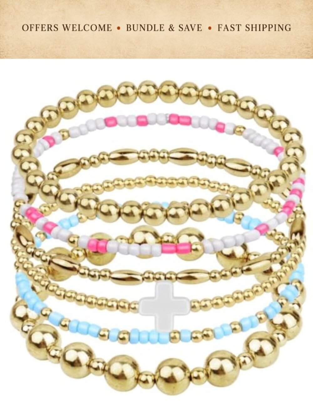 6 Pc Stackable Gold Plated Beaded Stretch Bracelets Set Women Layering